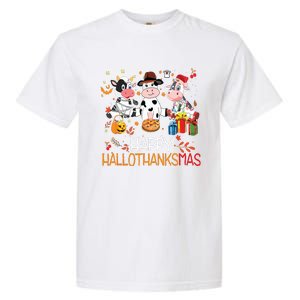 Happy Hallothanksmas Funny Santa Cow Halloween Thanksgiving Garment-Dyed Heavyweight T-Shirt