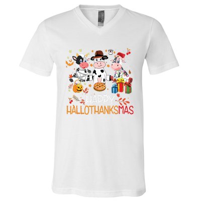 Happy Hallothanksmas Funny Santa Cow Halloween Thanksgiving V-Neck T-Shirt