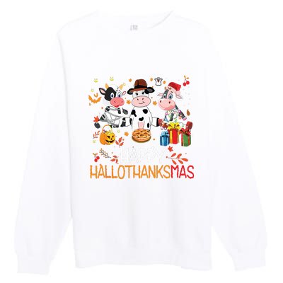 Happy Hallothanksmas Funny Santa Cow Halloween Thanksgiving Premium Crewneck Sweatshirt