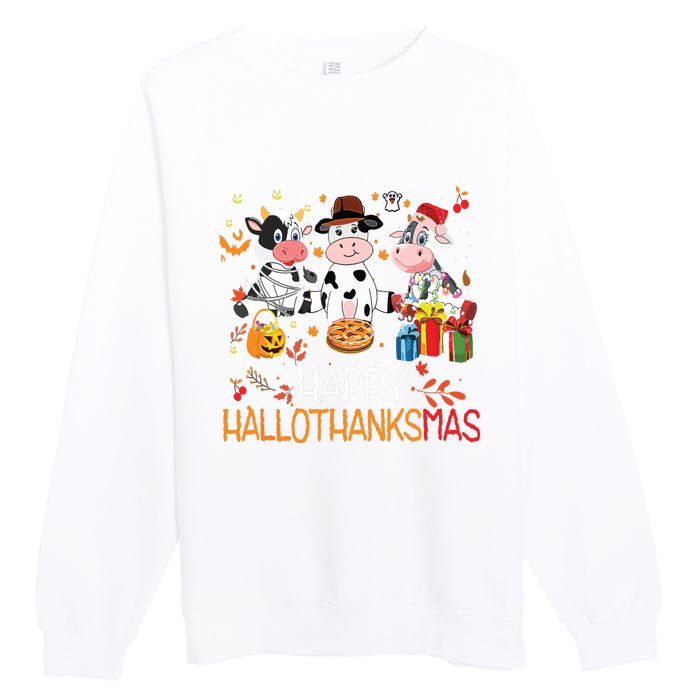 Happy Hallothanksmas Funny Santa Cow Halloween Thanksgiving Premium Crewneck Sweatshirt