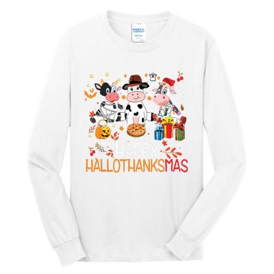 Happy Hallothanksmas Funny Santa Cow Halloween Thanksgiving Tall Long Sleeve T-Shirt