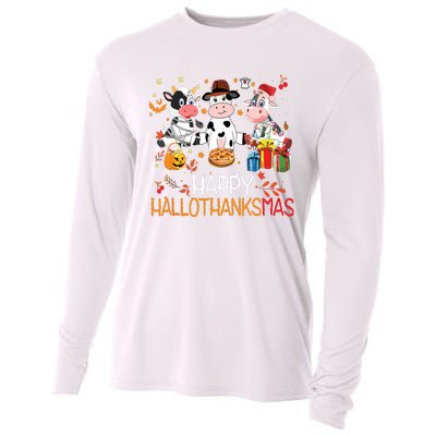 Happy Hallothanksmas Funny Santa Cow Halloween Thanksgiving Cooling Performance Long Sleeve Crew