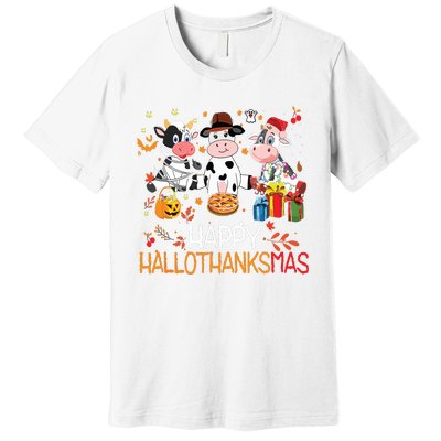 Happy Hallothanksmas Funny Santa Cow Halloween Thanksgiving Premium T-Shirt