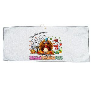 Happy Hallothanksmas Funny Halloween Thanksgiving Christmas Large Microfiber Waffle Golf Towel