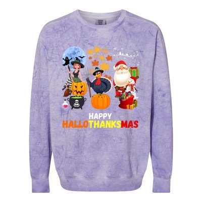 Happy Hallothanksmas Funny Halloween Thanksgiving Christmas Colorblast Crewneck Sweatshirt