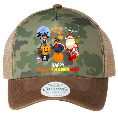 Happy Hallothanksmas Funny Halloween Thanksgiving Christmas Legacy Tie Dye Trucker Hat