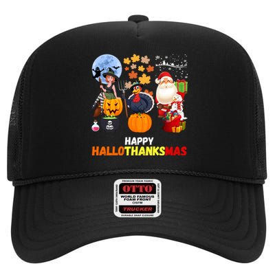 Happy Hallothanksmas Funny Halloween Thanksgiving Christmas High Crown Mesh Back Trucker Hat