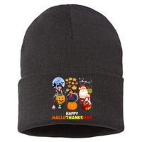 Happy Hallothanksmas Funny Halloween Thanksgiving Christmas Sustainable Knit Beanie