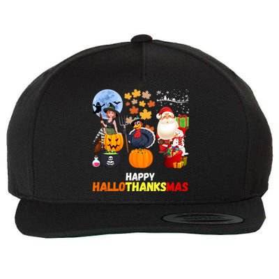 Happy Hallothanksmas Funny Halloween Thanksgiving Christmas Wool Snapback Cap