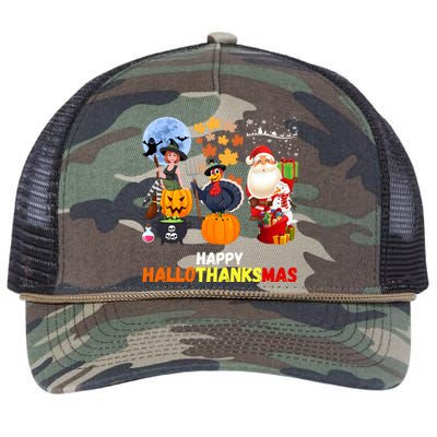 Happy Hallothanksmas Funny Halloween Thanksgiving Christmas Retro Rope Trucker Hat Cap