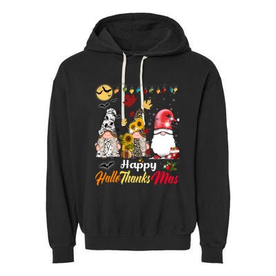 Happy Hallothanksmas Gnomes Halloween Thanksgiving Christmas Garment-Dyed Fleece Hoodie