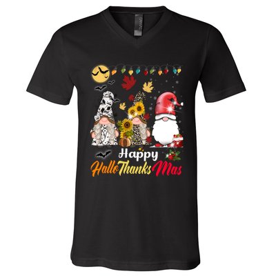 Happy Hallothanksmas Gnomes Halloween Thanksgiving Christmas V-Neck T-Shirt