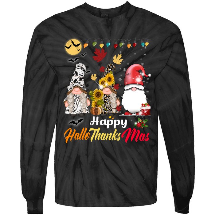 Happy Hallothanksmas Gnomes Halloween Thanksgiving Christmas Tie-Dye Long Sleeve Shirt