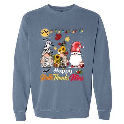 Happy Hallothanksmas Gnomes Halloween Thanksgiving Christmas Garment-Dyed Sweatshirt