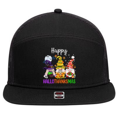 Happy Hallothanksmas Gnomes Halloween Thanksgiving Christmas Funny 7 Panel Mesh Trucker Snapback Hat