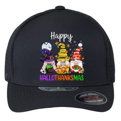 Happy Hallothanksmas Gnomes Halloween Thanksgiving Christmas Funny Flexfit Unipanel Trucker Cap