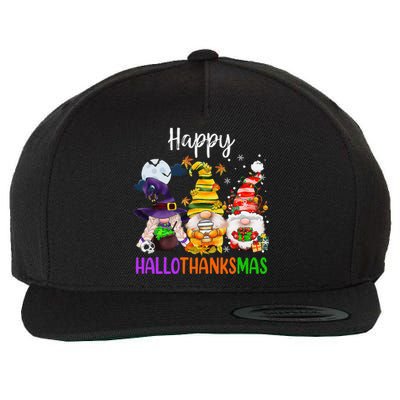 Happy Hallothanksmas Gnomes Halloween Thanksgiving Christmas Funny Wool Snapback Cap