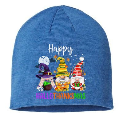 Happy Hallothanksmas Gnomes Halloween Thanksgiving Christmas Funny Sustainable Beanie