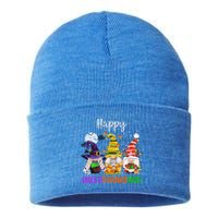 Happy Hallothanksmas Gnomes Halloween Thanksgiving Christmas Funny Sustainable Knit Beanie