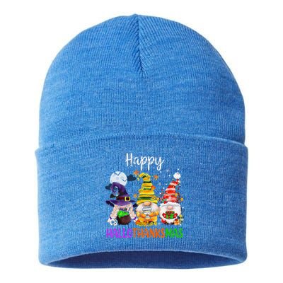 Happy Hallothanksmas Gnomes Halloween Thanksgiving Christmas Funny Sustainable Knit Beanie