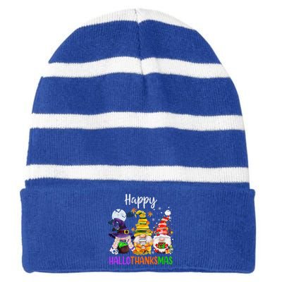 Happy Hallothanksmas Gnomes Halloween Thanksgiving Christmas Funny Striped Beanie with Solid Band