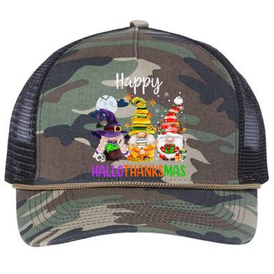 Happy Hallothanksmas Gnomes Halloween Thanksgiving Christmas Funny Retro Rope Trucker Hat Cap