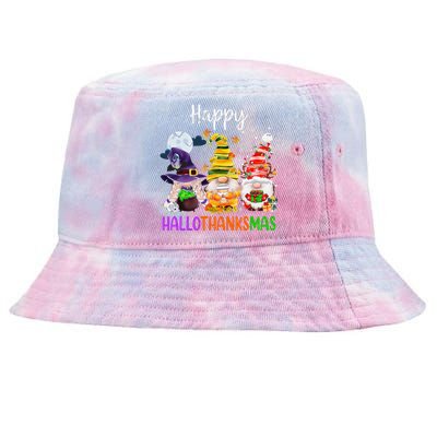 Happy Hallothanksmas Gnomes Halloween Thanksgiving Christmas Funny Tie-Dyed Bucket Hat