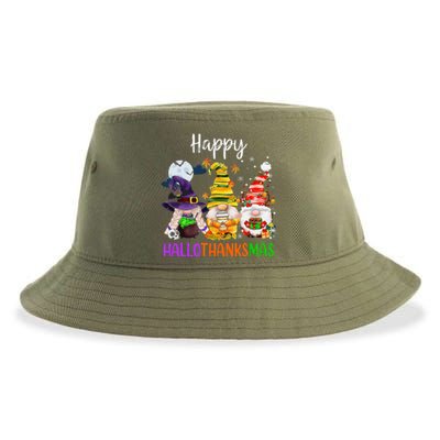 Happy Hallothanksmas Gnomes Halloween Thanksgiving Christmas Funny Sustainable Bucket Hat