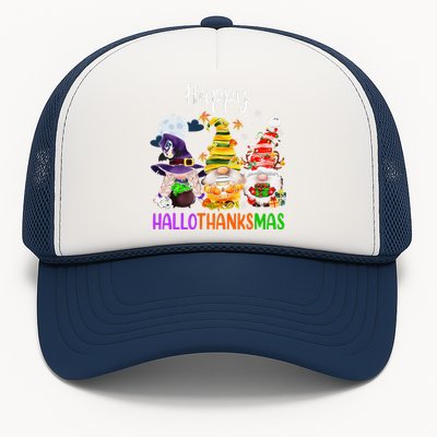 Happy Hallothanksmas Gnomes Halloween Thanksgiving Christmas Funny Trucker Hat