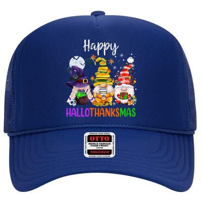 Happy Hallothanksmas Gnomes Halloween Thanksgiving Christmas Funny High Crown Mesh Back Trucker Hat