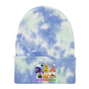 Happy Hallothanksmas Gnomes Halloween Thanksgiving Christmas Funny Tie Dye 12in Knit Beanie