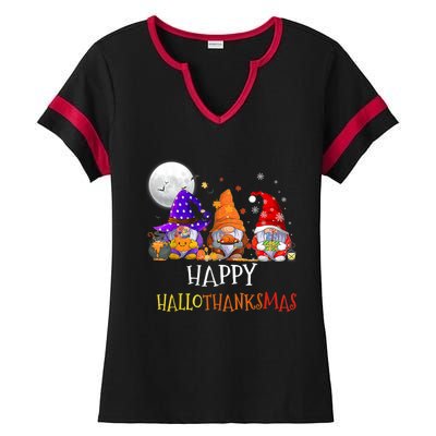 Happy Hallothanksmas Gnomes Halloween Christmas Thanksgiving Ladies Halftime Notch Neck Tee