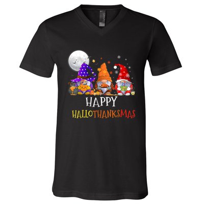 Happy Hallothanksmas Gnomes Halloween Christmas Thanksgiving V-Neck T-Shirt