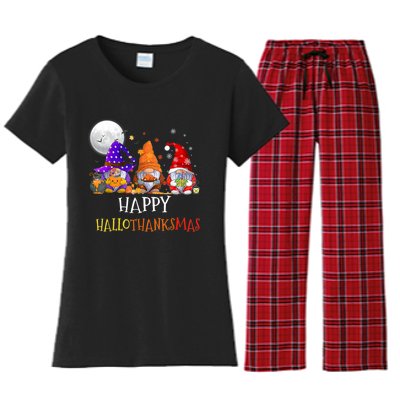 Happy Hallothanksmas Gnomes Halloween Christmas Thanksgiving Women's Flannel Pajama Set