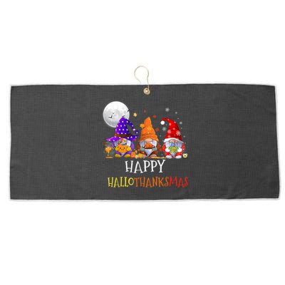 Happy Hallothanksmas Gnomes Halloween Christmas Thanksgiving Large Microfiber Waffle Golf Towel