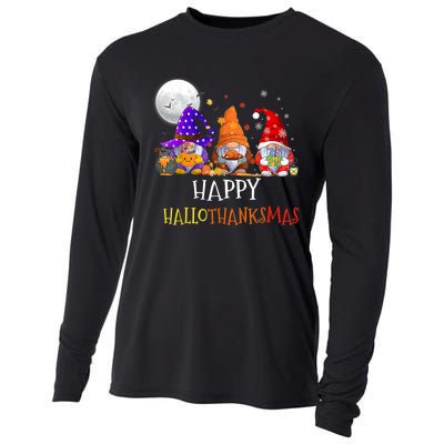 Happy Hallothanksmas Gnomes Halloween Christmas Thanksgiving Cooling Performance Long Sleeve Crew