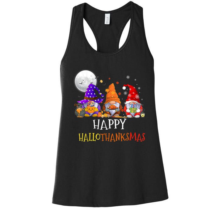 Happy Hallothanksmas Gnomes Halloween Christmas Thanksgiving Women's Racerback Tank