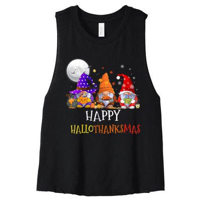 Happy Hallothanksmas Gnomes Halloween Christmas Thanksgiving Women's Racerback Cropped Tank