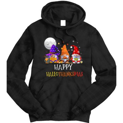 Happy Hallothanksmas Gnomes Halloween Christmas Thanksgiving Tie Dye Hoodie