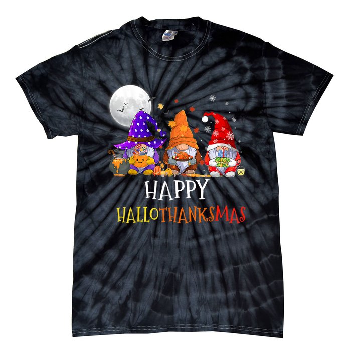 Happy Hallothanksmas Gnomes Halloween Christmas Thanksgiving Tie-Dye T-Shirt