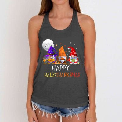 Happy Hallothanksmas Gnomes Halloween Christmas Thanksgiving Women's Knotted Racerback Tank