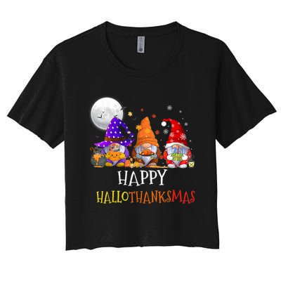 Happy Hallothanksmas Gnomes Halloween Christmas Thanksgiving Women's Crop Top Tee