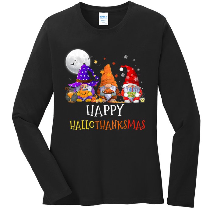 Happy Hallothanksmas Gnomes Halloween Christmas Thanksgiving Ladies Long Sleeve Shirt