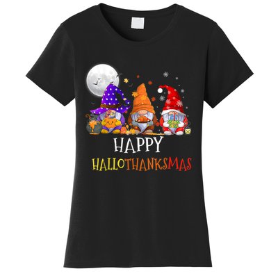 Happy Hallothanksmas Gnomes Halloween Christmas Thanksgiving Women's T-Shirt