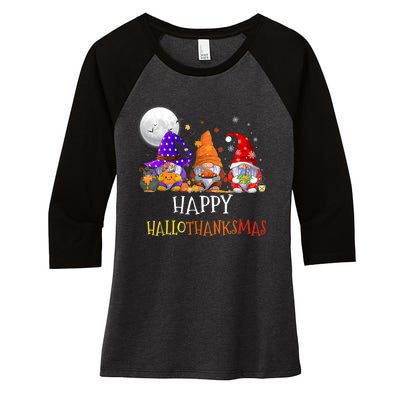 Happy Hallothanksmas Gnomes Halloween Christmas Thanksgiving Women's Tri-Blend 3/4-Sleeve Raglan Shirt