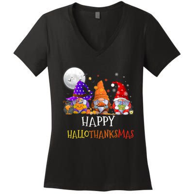 Happy Hallothanksmas Gnomes Halloween Christmas Thanksgiving Women's V-Neck T-Shirt