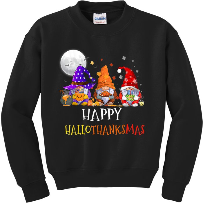 Happy Hallothanksmas Gnomes Halloween Christmas Thanksgiving Kids Sweatshirt