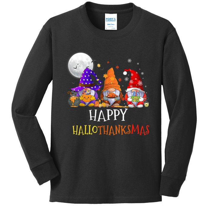 Happy Hallothanksmas Gnomes Halloween Christmas Thanksgiving Kids Long Sleeve Shirt