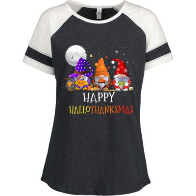 Happy Hallothanksmas Gnomes Halloween Christmas Thanksgiving Enza Ladies Jersey Colorblock Tee