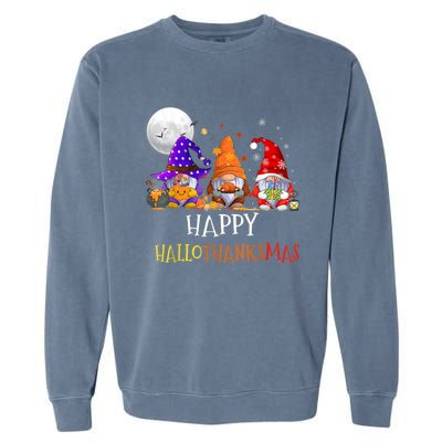 Happy Hallothanksmas Gnomes Halloween Christmas Thanksgiving Garment-Dyed Sweatshirt